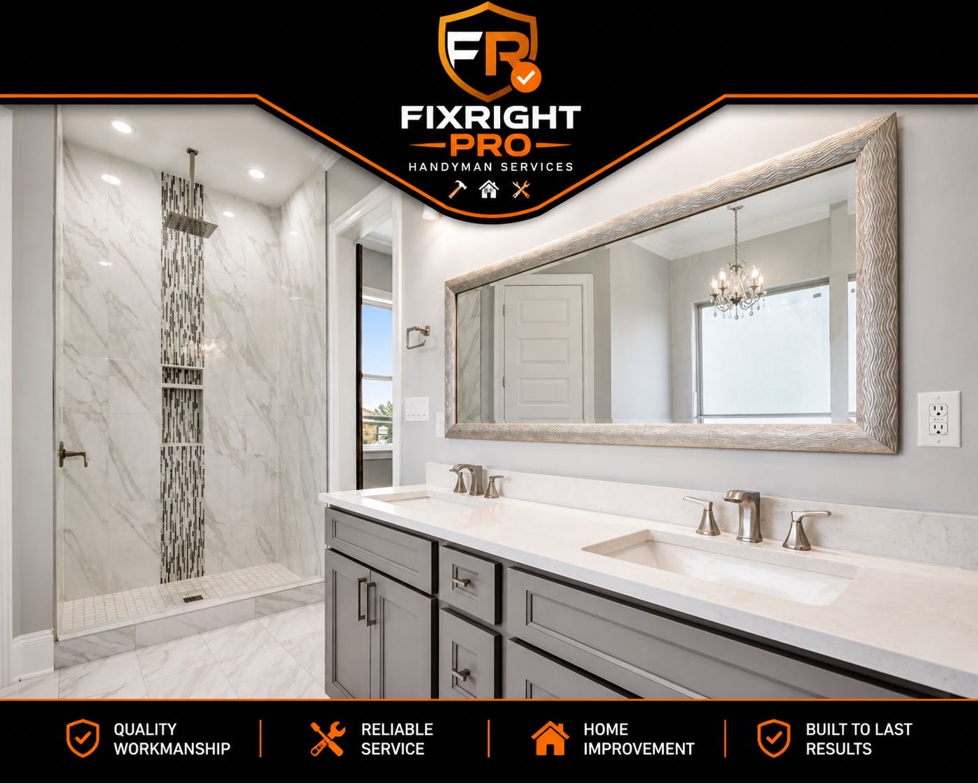 Bathroom vanity and mirror in a finished New Orleans bathroom