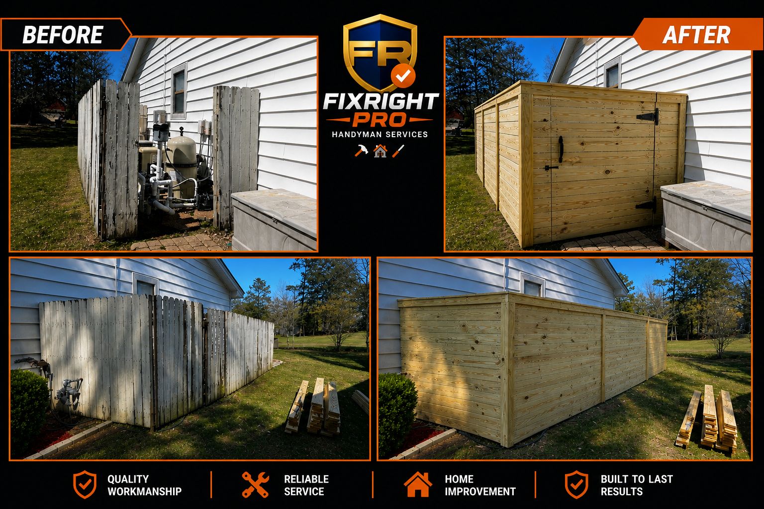 Before and after wood fence and equipment enclosure build in New Orleans
