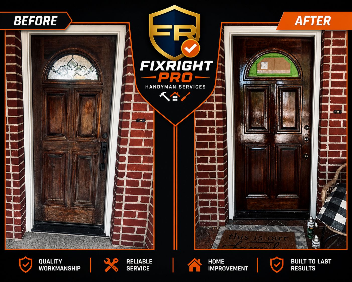 Before and after front door refinishing and staining in New Orleans