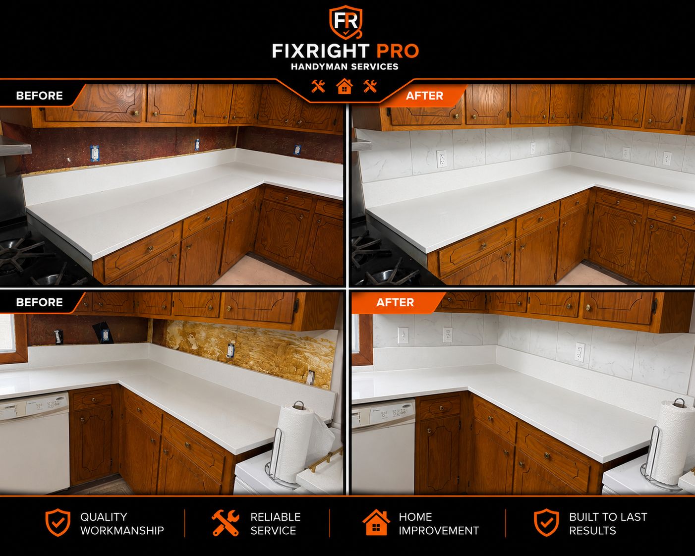 Before and after kitchen tile backsplash installation in New Orleans