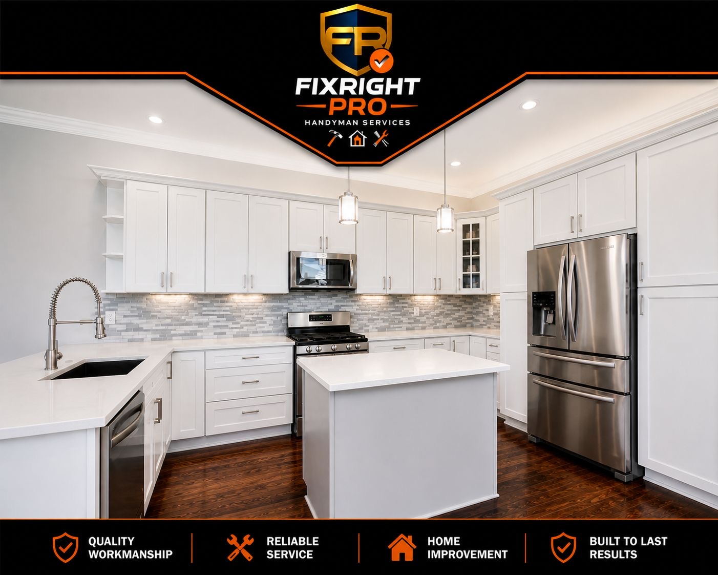 Finished kitchen with white cabinets and island in New Orleans