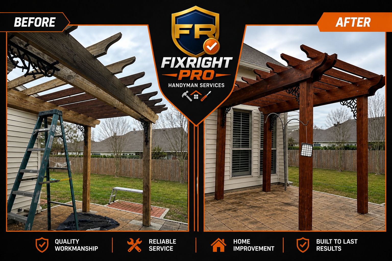 Before and after pergola repair and wood staining in New Orleans