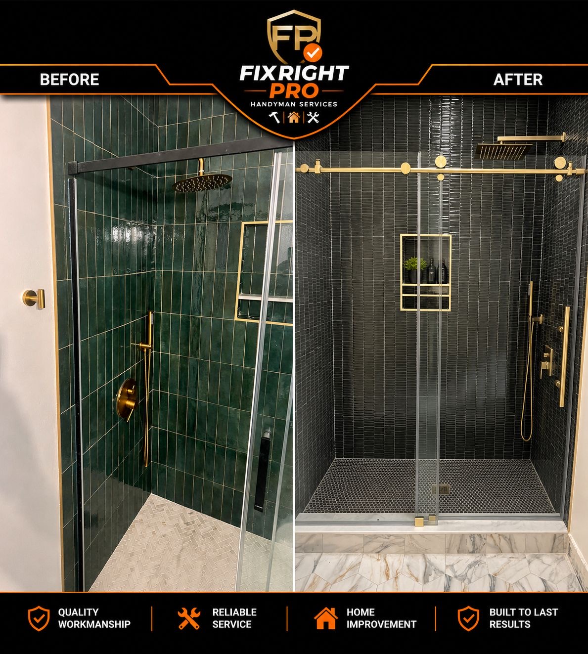 Before and after walk-in shower tile remodel with gold fixtures in New Orleans