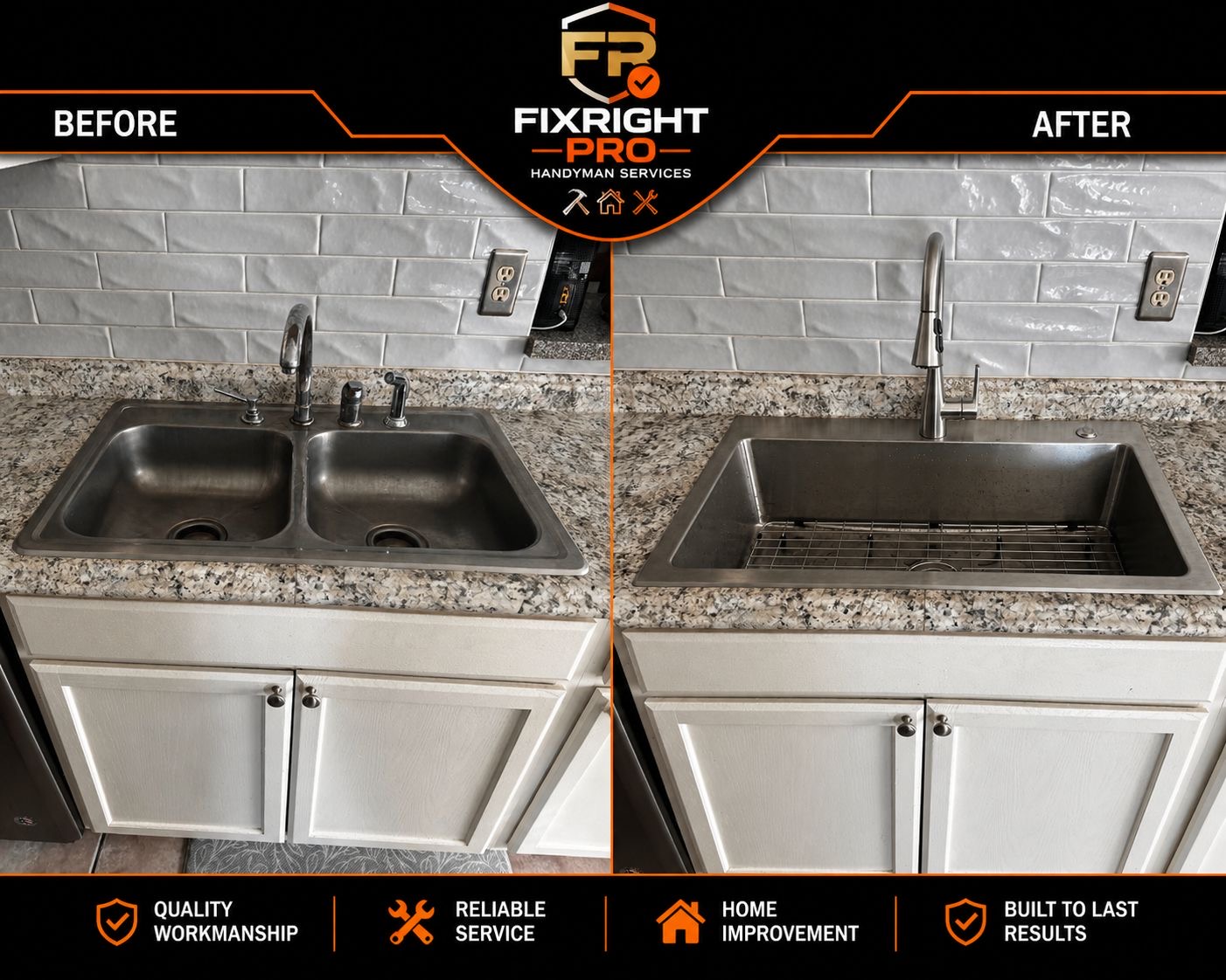 Before and after stainless sink and faucet upgrade in New Orleans