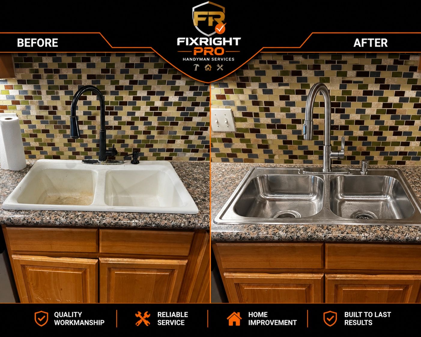 Before and after kitchen sink and faucet replacement in New Orleans