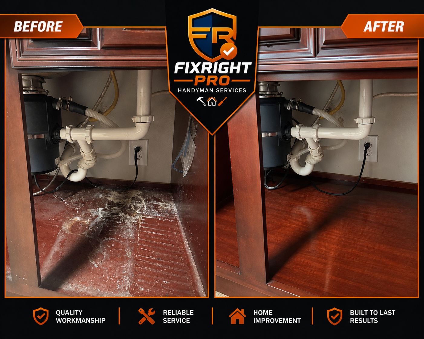 Before and after water-damaged under-sink cabinet floor repair in New Orleans